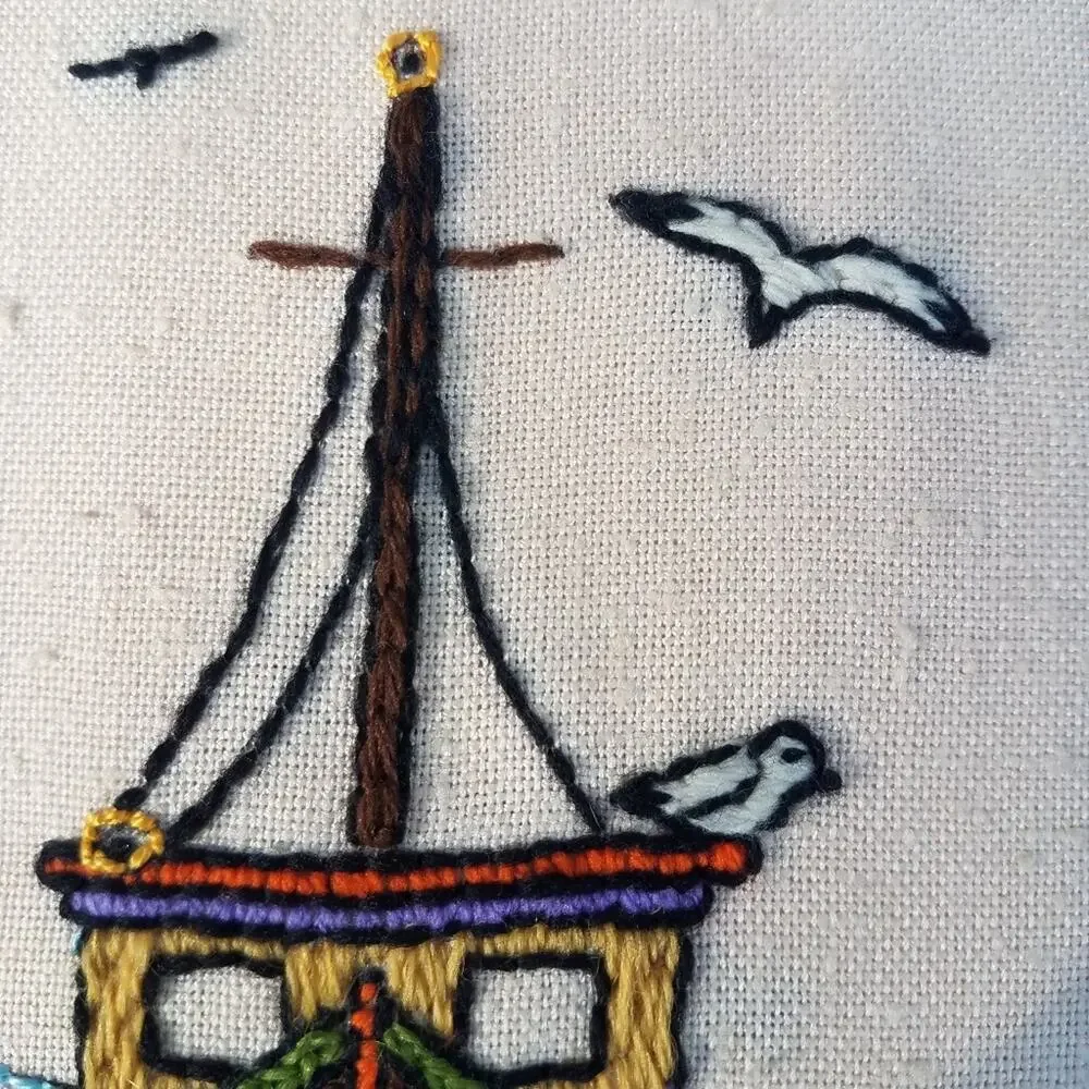 Vintage 1970s Handmade Art Needlepoint Trolley & Boat Framed Art Boho Nautical